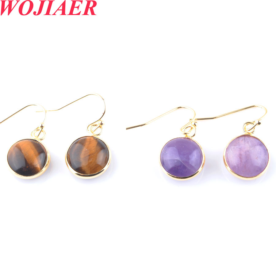 

WOJIAER Vintage Dangle Hook Earrings Round Natural Stone Tiger eye Bead Pendant Gold Color Copper Drop Earring Women Jewellery BO900