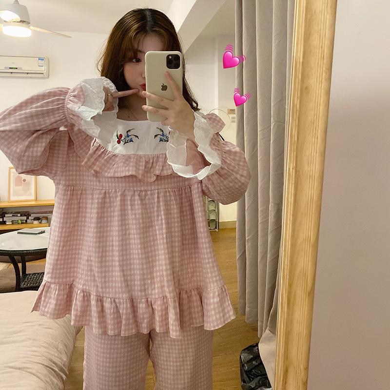 

XIFER Plaid Pajama Set Ladies Korean Sweet Princess Cute Cotton Pajama Full Sleeve Autumn 2-piece Sleepwear  for Women
