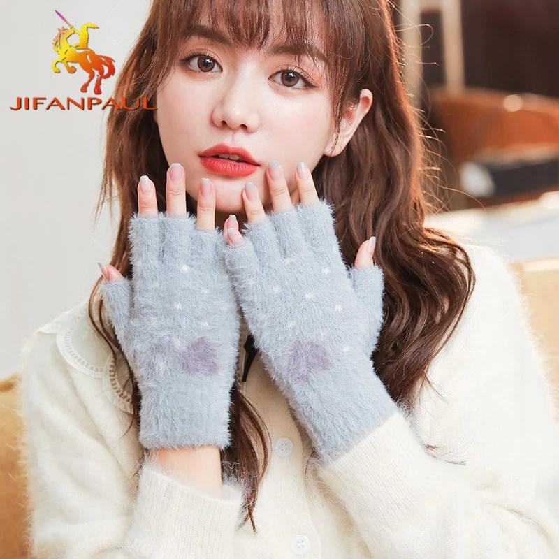 

JIFANPAUL winter knitted plush gloves ladies half-finger/full-finger outdoor warmth and velvet thick touch screen love gloves