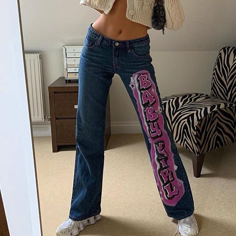 

Autumn/Winter Straight Jeans Retro Letter Printing Harajuku Street Clothes Students High Waist Stitching Painted Fashion Pants, Blue