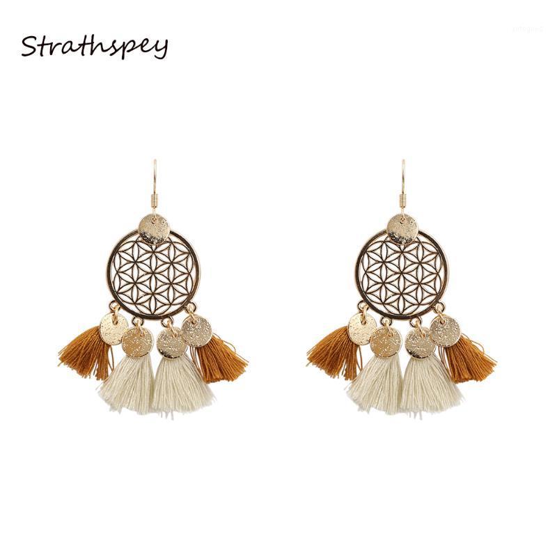

Dangle & Chandelier STRATHSPEY 2021 Fashion Bohemia Ear Jewelry Women Gold Color Flower Circle Filigree Metal Disc Fabric Tassel Drop Earrin