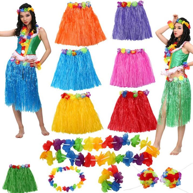 6Pcs Hawaiian Fancy Dress Costume Grass Skirt Bracelets Necklace Headband Bra
