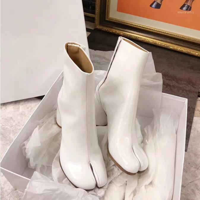 

Kaeve Patent Leather Bling Laser Toe Splitting Boots For Women Thick High Heel Fashion Waterproof Ankle Boots1, Off yellow leather
