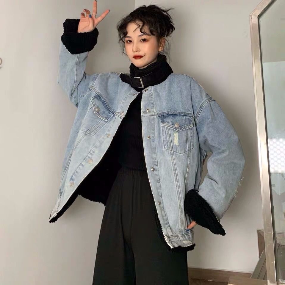 

Women's Winter Denim Jacket 2020 Korean Style Solid Casual Blue Jackets Autumn Plus Size Loose Keep Warm Jeans Coats Female, Black;brown