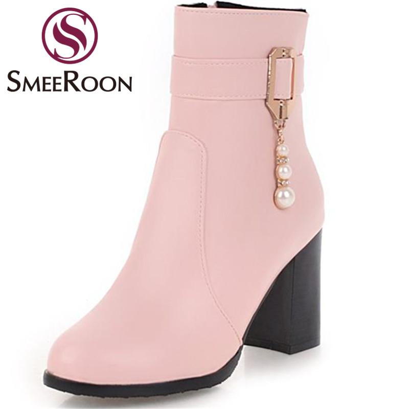 

Smeeroon solid color buckle ankle boots for women fashion round toe high heels boots keep warm winter ladies shoes, Black