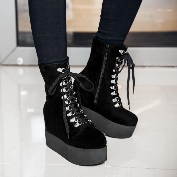 

2021 Autumn Winter Big Size 34-43 Brand Design Ladies High Platform Boots Fashion Zip High Heels Boots Women Wedges Shoes 1061, Black