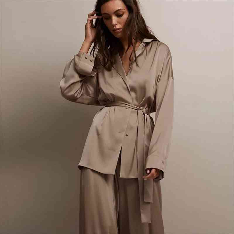 

Lace Up Full Sleeves Sleepwear Women Pajamas Sets Womens Outfits Wide Leg Pants Trouser Suits Homewear Winter Fashion, Black;red