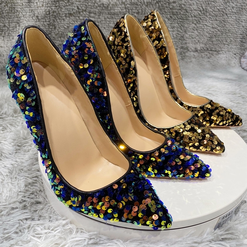 

Grtis Feminino Frete Senhora Azul Golad Glitter Lantejoulas Dedo Do p Pontiagudo De Salto Alto Sapatos Bombas 12cm 10cm 8cm N7jf, 35