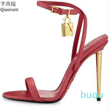 

Fashion Gold Silver Leather High Heels Gladiator Sandals Ankle Strap Padlock Women Pumps Open Toe Metal Heels Women Shoes, Multi