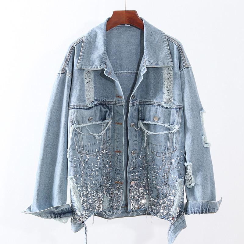 

2021 New Autumn Jeans Jacket for Women Sequins Holes Denim jacket Loose Casual Overcoat Boyfriend Female Vintage Outwear P854, Blue