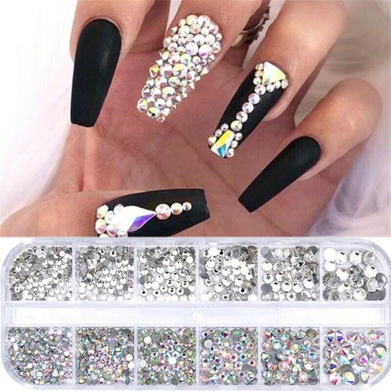 

1 Box Crystal Nail Rhinestone 3D Glitter Jewelry Glass AB Flat Mixed Size Diamond Gem DIY Nail Art Decorations Accessories