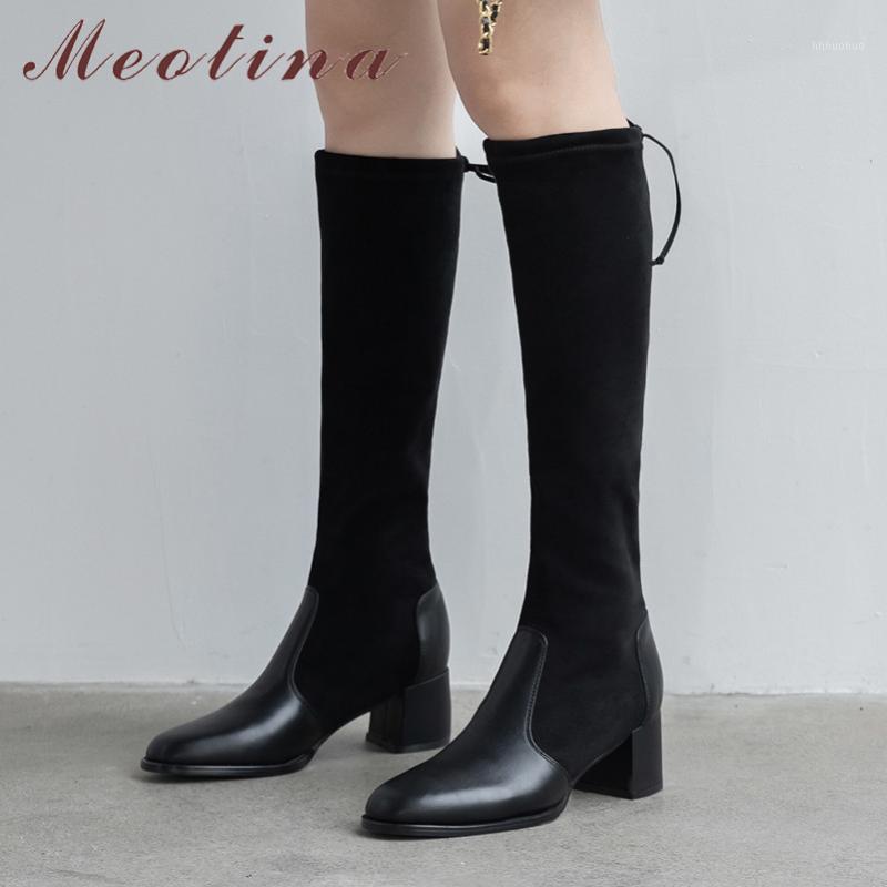

Meotina Autumn Knee High Boots Women Slim Stretch Square High Heels Long Boots Slip on Round Toe Shoes Female Winter Size 34-391, Black synthetic lini