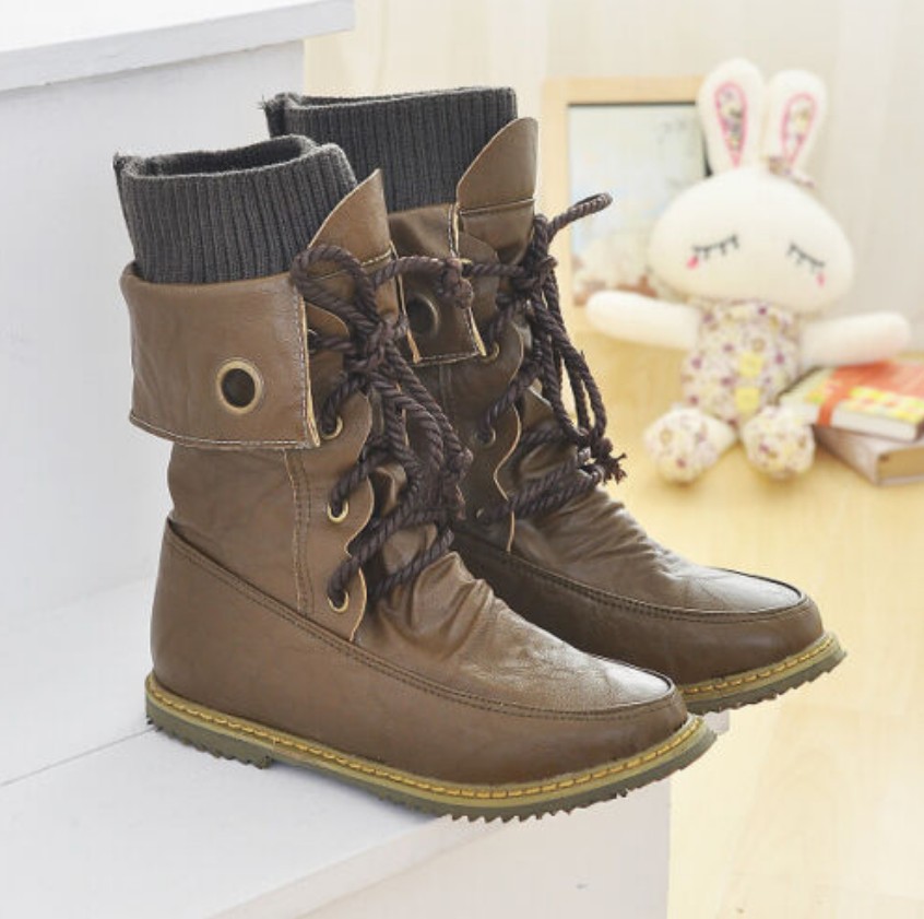 

Fashion lace-up flat-bottomed lamb wool short boots student women Mid Calf Foldable Snow Boots Lace Up Comfort Ankle Shoes Martin boots, Black