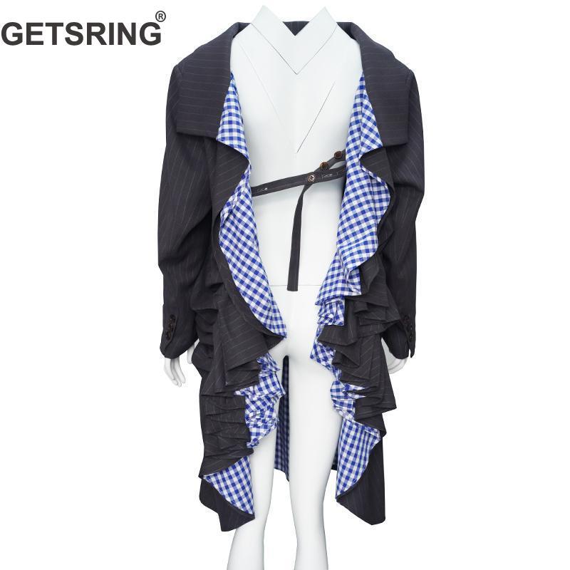 

GETSRING Women Blazer Irregular Women Long Blazer Loose Backless Womens Jackets Long Sleeve Plaid Patchwork Coat Spring, As picture