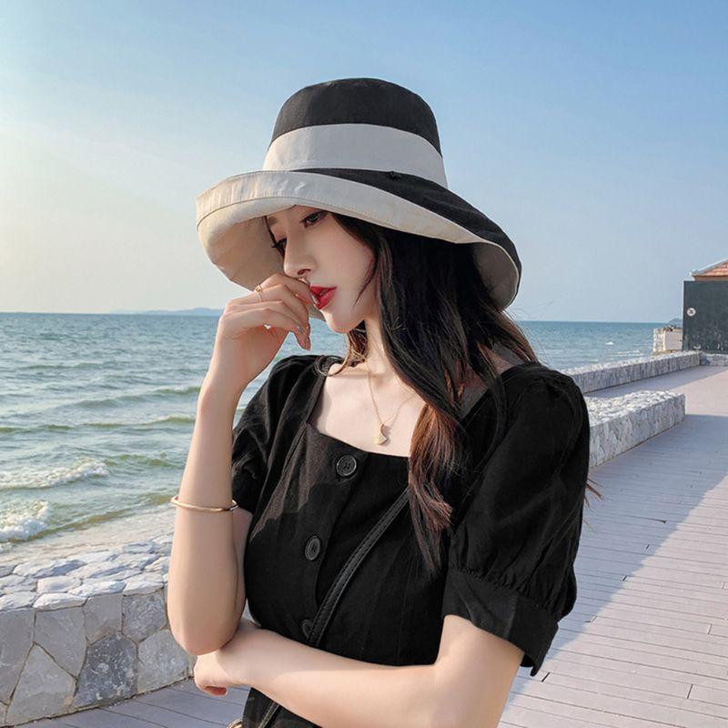

Women Summer Reversible Bucket Hat UV Protection Wide Brim Floppy Beach Sun Cap 28GD, Black