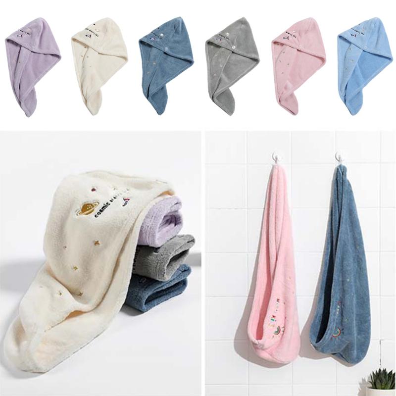 

Women Coral Velvet Hair Towel Wrap Turban Cap Cute Cartoon Rocket Planet Embroidery Super Absorbent Quick Dry Bath Hat