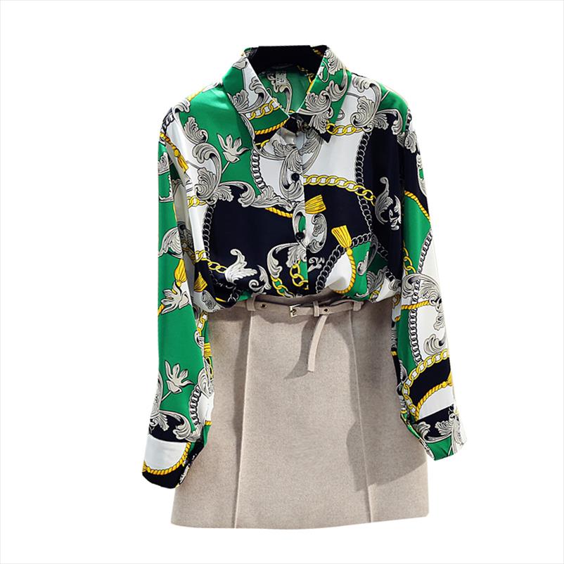 

Spring Autumn Womens Print Blouses Fashion Loose Large Size Retro Chain Blouse Long Sleeve Chiffon shirt Women GD232, White