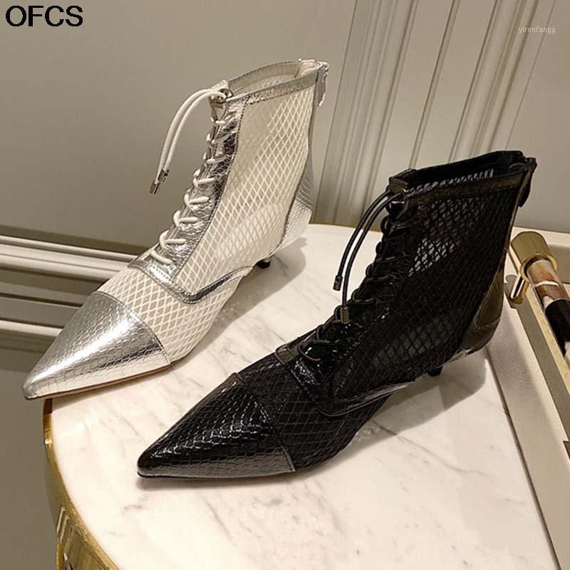 

Mesh Hollow Out Women Boots 2021 New Women Ankle Boots Black Sliver Pointed Toe Cross-tied High Heel Shoes1