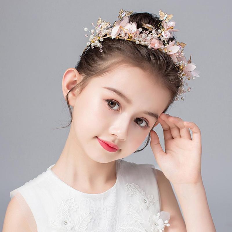 

Kids Faux Pearl Flower Butterfly Crown Tiara Headband Princess Party Headwear, Pink