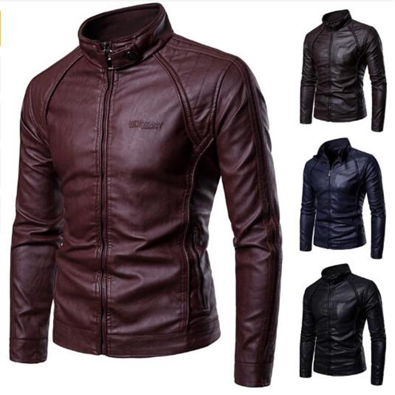 

Leather Jacket Men 2020 New Men's Stand-up Collar Fur Coat with Zipper Metal Buttons Decorative Letterpress Leather Coat, Black