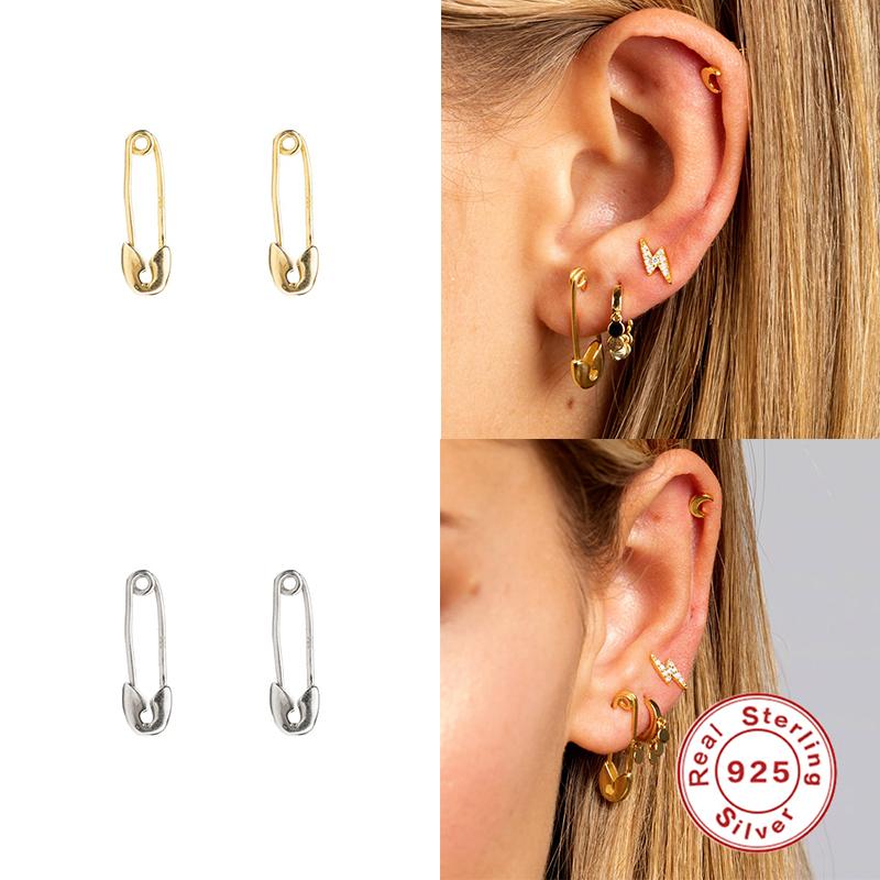

GS Unique Design Paperclip Safety Pin Shape Stud Earrings 925 Sterling Silver Minimalist Pin Earrings for Women Hip-hop Jewel