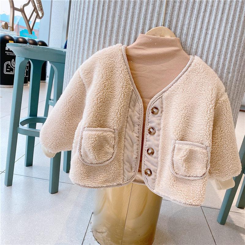 

Children's Winter Coat Girls Jackets 2021 Thick Lamb Wool Cashmere Baby Girls Coats Single-breasted Kids Jackets Toddlers Tops, Beige