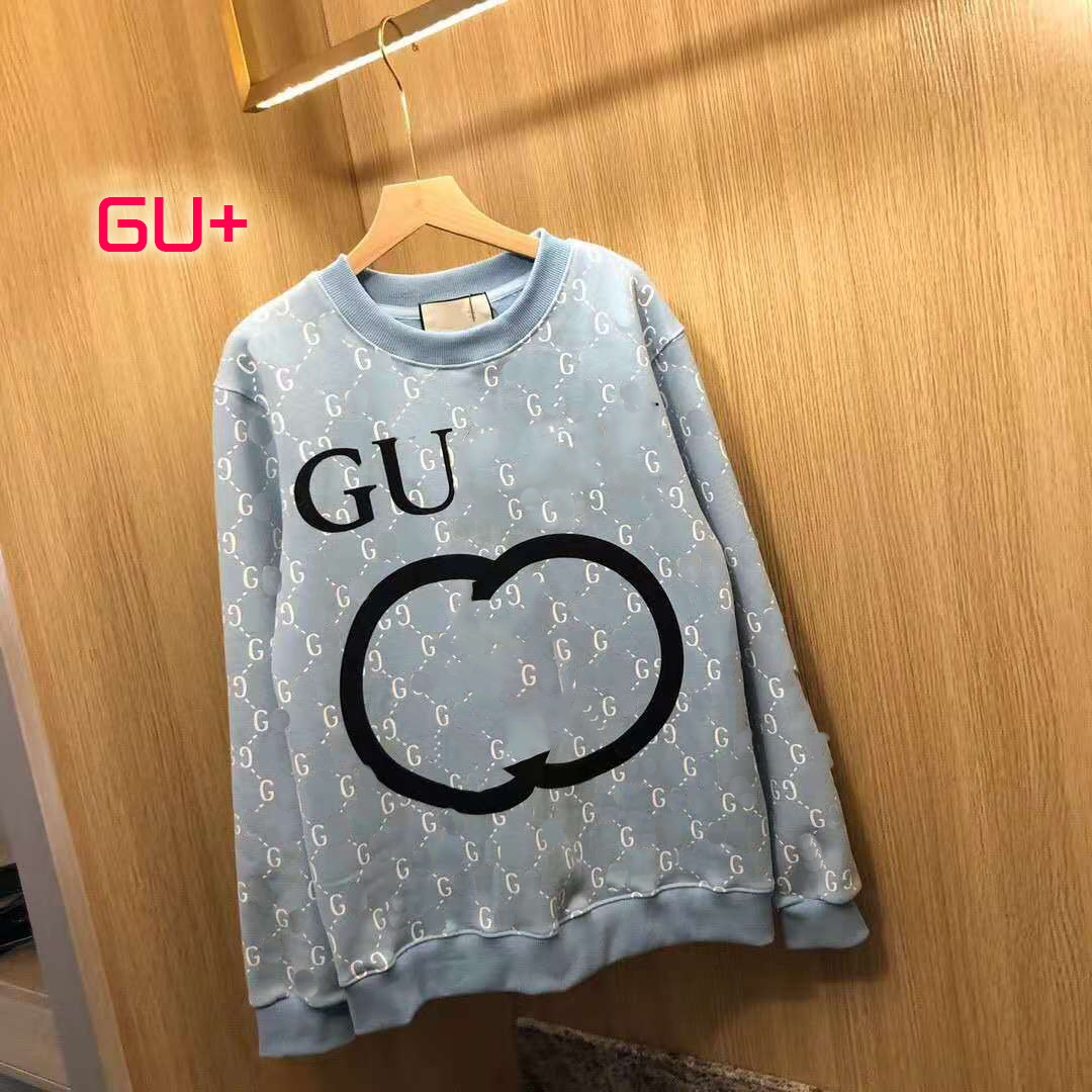

Chao brand Gu + autumn and winter new all over printed letters chest flocking round neck Pullover for men and women, Sky blue
