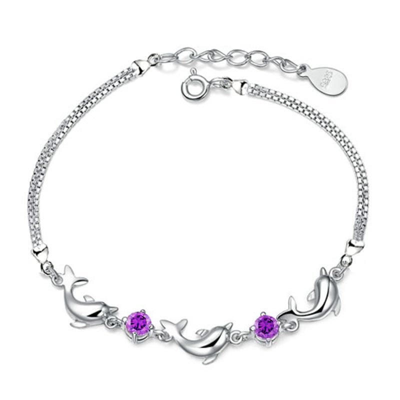 

Fashion Purple white Crystal Link Bracelet Women Fine Jewelry Dolphins silver Color Jewelry Bracelets gift