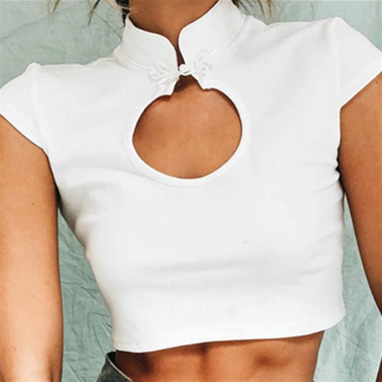 

INS New T-shirt Women' 2020 Summer Sexy Tight Navel Short Chinese-Style Button Short Sleeve, Black