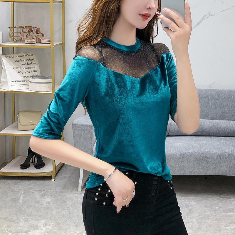 

Summer European Clothes T-shirt Fashion Sexy Hollow Out Mesh Velvet Patchwork Women Tops Ropa Mujer Half Sleeve Tees 2021 T03008, Black tshirt