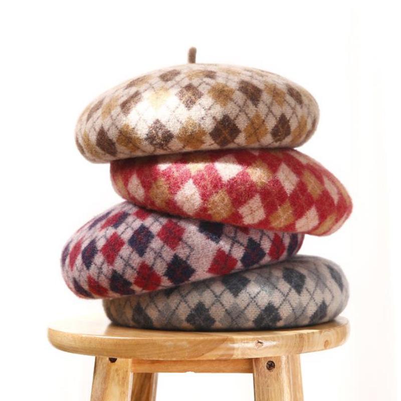 

Beret Women Winter Hat Wool Plaid Beanie Warm Autumn Snow Skiing Outdoor Accessory For Female, Khaki