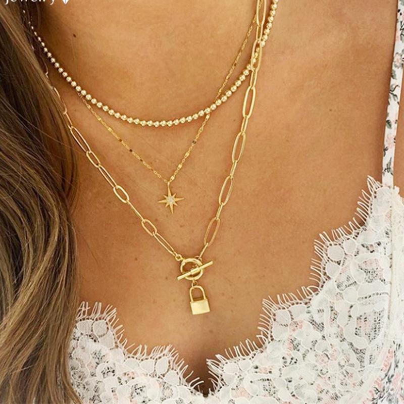 

Trendy Bohemia Necklace Clavicle Chain Creative Temperament Multilayer Star Lock Gold Pendant Necklace for Women Collares