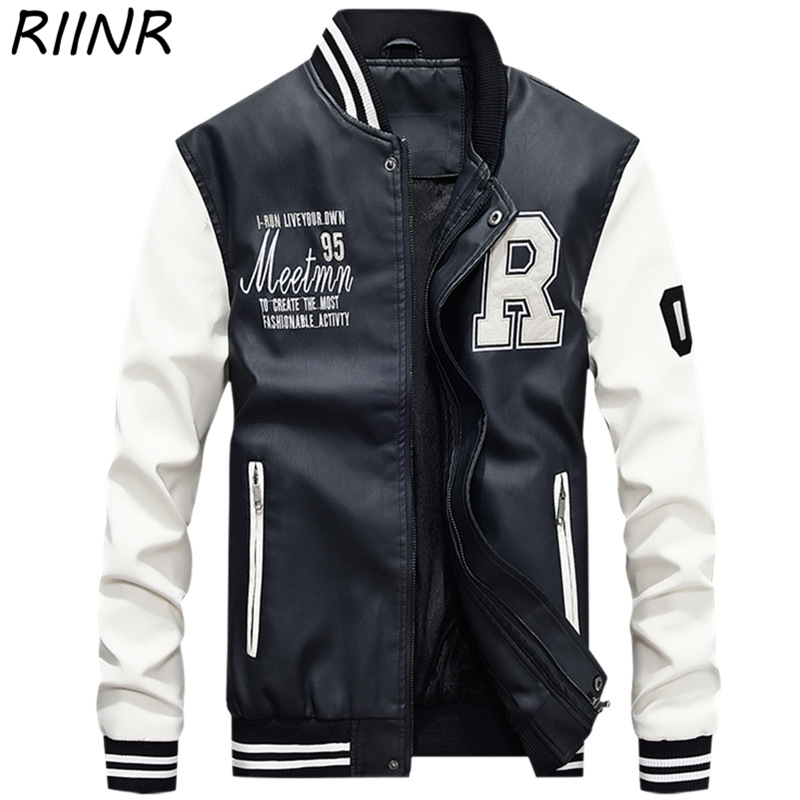 RIINR Autumn And Winter New Men's Zipper Leather Clothing Fashion Trend Baseball Uniform Letter Printing PU Casual Jacket M-4XL 201120Z