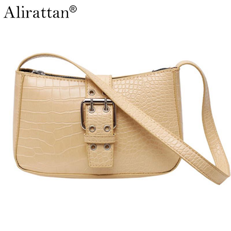 

Alirattan Fashion Alligator Pattern Baguette Bag Women PU Leather Shoulder Bag Lock Design Armpit Vintage Handbag Lady Purse, White