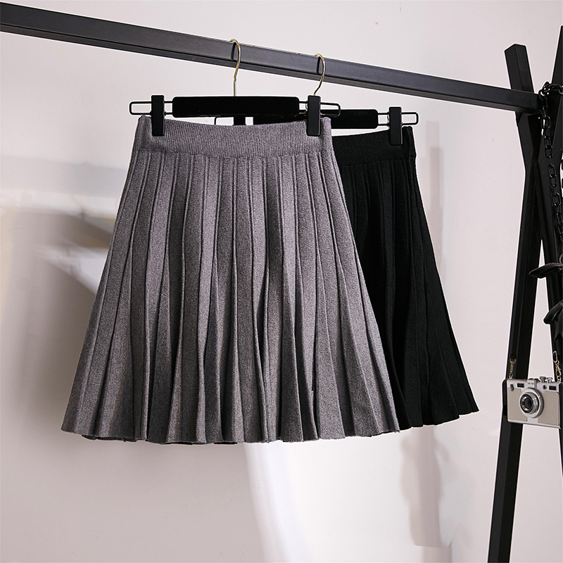 

Knitted Pleated Mini Skirts Women Autumn Winter Casual Ladies Elastic High Waist Korean Plus Size A Line Skirt Female Y200326, Gray