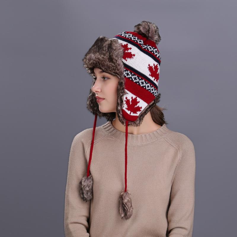

Beanie/Skull Caps Red Russian Ushanka Hat Female Winter Warm Earflaps Fur Bomber Hats Women Christmas Beanies Pompom, Black