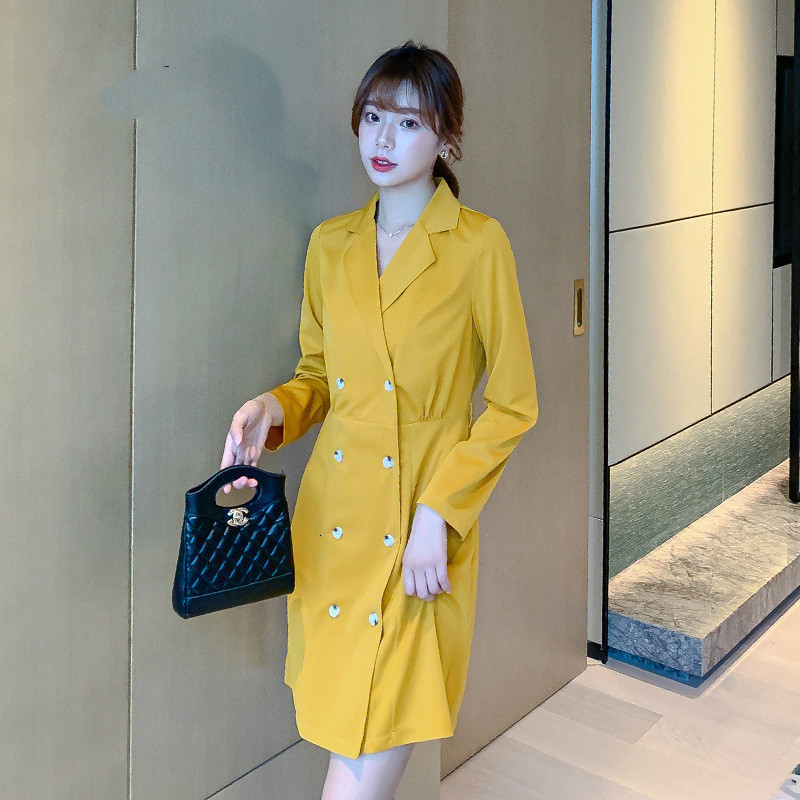

2021 Spring and Autumn New double-breasted long-sleeves suit waist simple lapel-solid color fine temperament LMJ8, Green