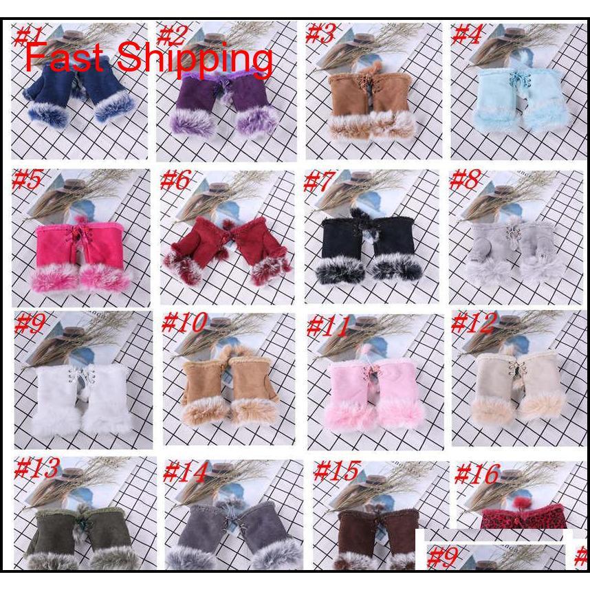 

20 Colors Fashion Winter Warm Girl Leather Rabbit Fur Gloves Warm Winter Fingerless Gloves Colorful Christmas Gifts Zza1415 Cbvig, Black