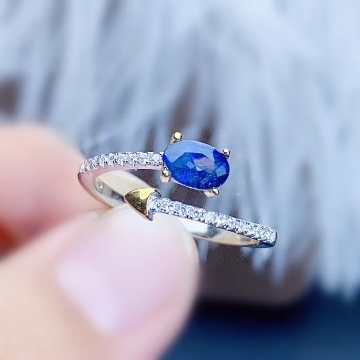

Cluster Rings Natural Real Blue Sapphire Adjustable Ring Per Jewelry 925 Sterling Silver 4*6mm 0.6ct Gemstone Fine J212172, Golden;silver