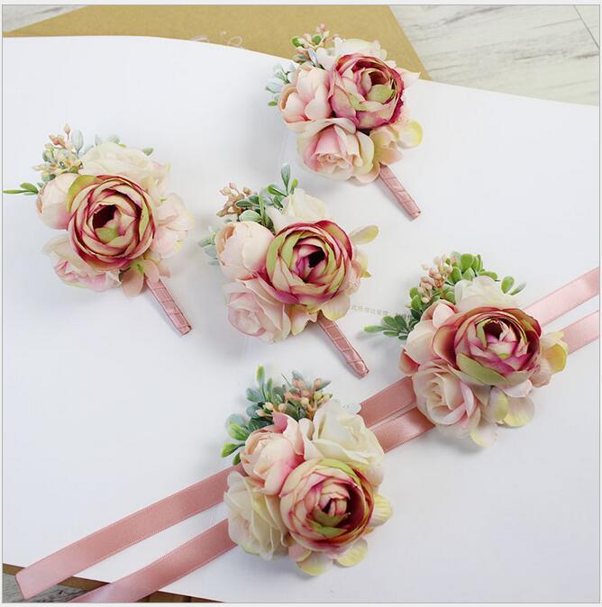 

10Pcs DIY pink corsage flower Free shipping bride groom bridesmaids corsage brooch hand wrist flower wedding photography props, Wrist flowers