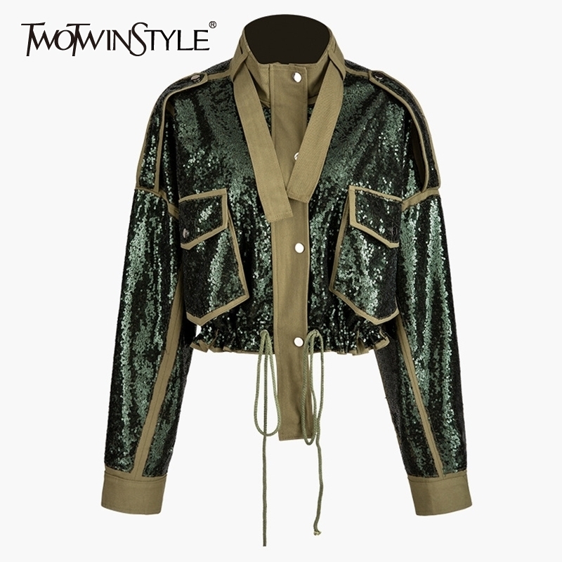 

TWOTWINSTYLE Patchwork Sequins Lace Up Women's Coats Turtleneck Long Sleeve Hit Color Jacket For Female Fashion Clothes New 201112, Army green