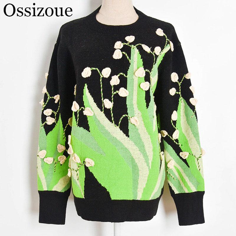 

Plus Size Women 2020 Fashion Casual Lady Knitted Sweater Vintage O Neck Crochet Female Oversize Patchwork Pullovers Chic Tops, Multi