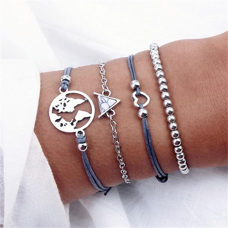 

KISSWIFE 4 Pcs/Set Bohemian Love Map Bracelet Triangle Chain Beaded Bracelet Set Women Retro Charm Jewelry Party Gifts1