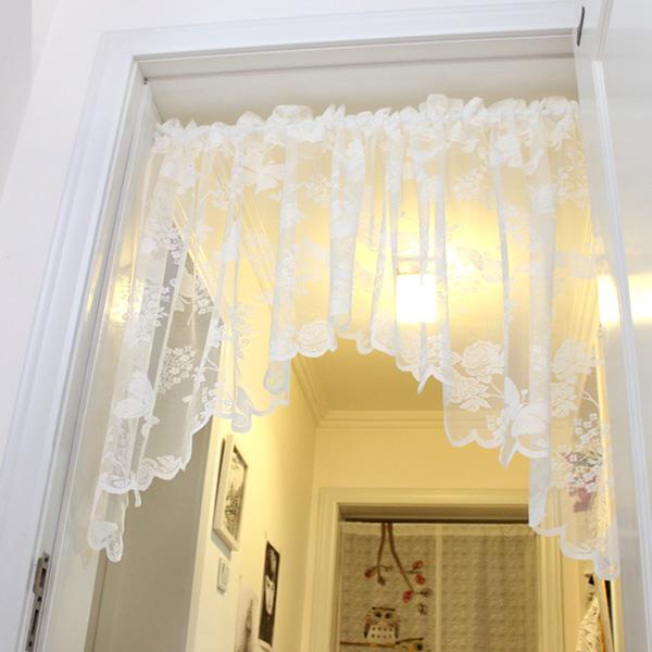 

European Pastoral Sheer Curtain Butterfly and Floral Embroidered Window Screen Lace Curtain Triangle for Kitchen Decor, White