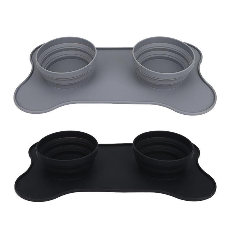 

Double Dog Bowl with Silicone Mat No Spill Pet Feeding Bowl Water Feeder Bowls Foldable, Black