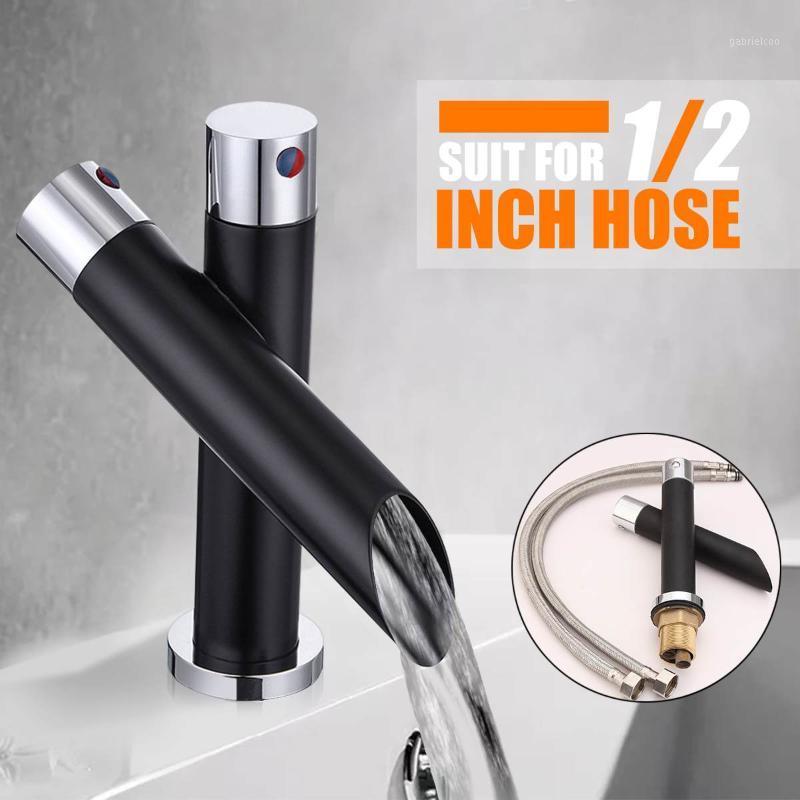 

Bathroom Unique Single Handle Black Waterfall Basin Faucet Spout Mixer Tap Deck Mounted Bronze Finished Hot And Cold Water1