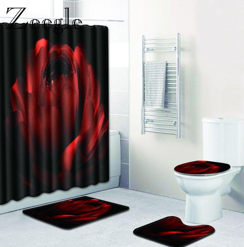 

Zeegle Bath Mat Set and Shower Curtain Set Flower Toilet Cover Seat Mat Flannel Soft Toilet Pedestal Rug Foot 4pcs Bath