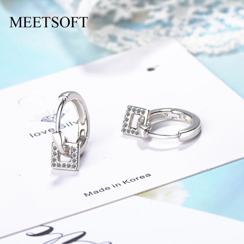 

MEETSOFT 925 Sterling Silver Prevent Allergy Hoop Earrings for Women Trendy Small Circle Crystal Square Jewelry Gift