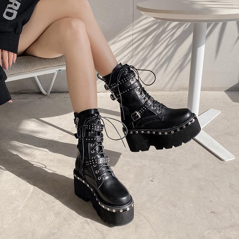 

Lace up Platform Boots Women Black Goth Boots Ankle for Women Buckle Strap High Heel1