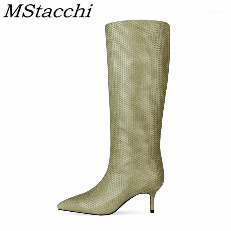 

Mstacchi Solid Color Knee Women Boots Pointed Fine Heel Rubber Sole Stripe Fashion Design Classic Madam Shoes Botines Mujer 20201, Black